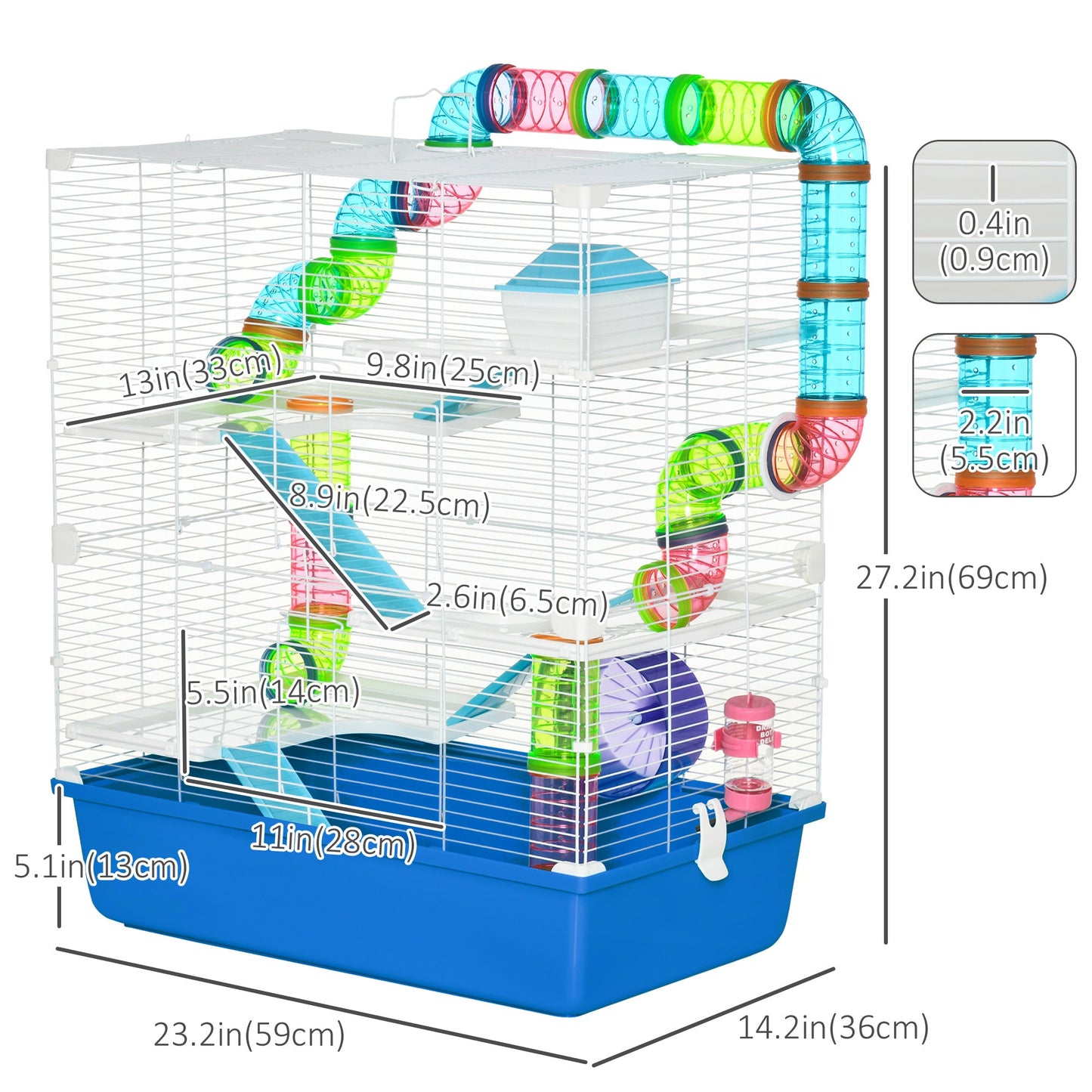 Hamster Cage, Large Small Animal House, 5-Level Guinea Pig Cage Gerbil Haven, Tunnel Tube System, with Water Bottle, Exercise Wheel, Food Dish, Ramps, Blue
