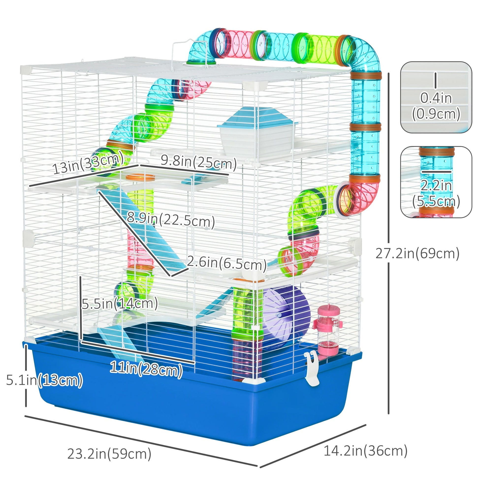 Hamster Cage, Large Small Animal House, 5-Level Guinea Pig Cage Gerbil Haven, Tunnel Tube System, with Water Bottle, Exercise Wheel, Food Dish, Ramps, Blue