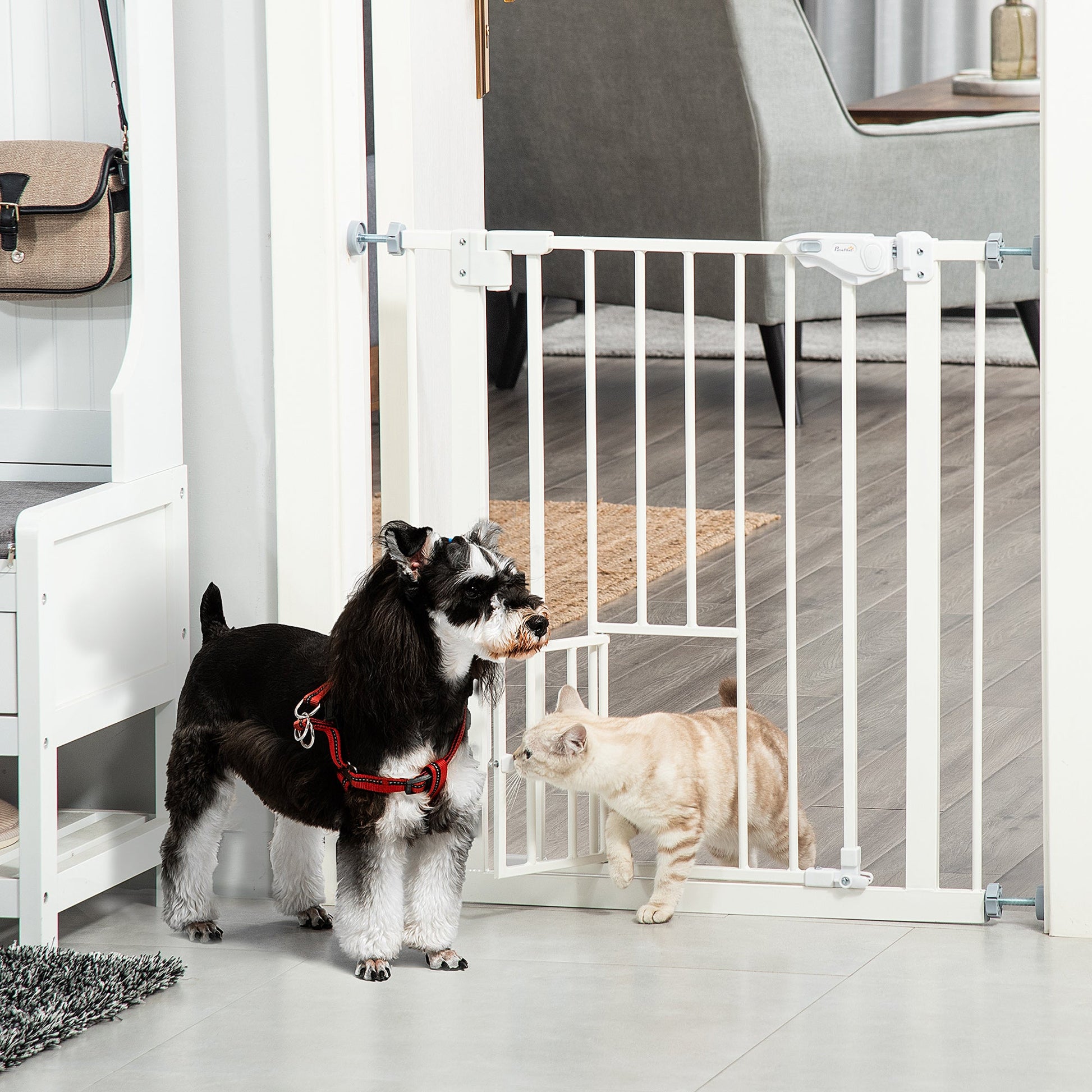 30"H Dog Gate with Cat Door, Pet Gate with Small Door, Easy Open Indoor Dog Gates for Doorways, House, Stair, 29"-32" Long, White