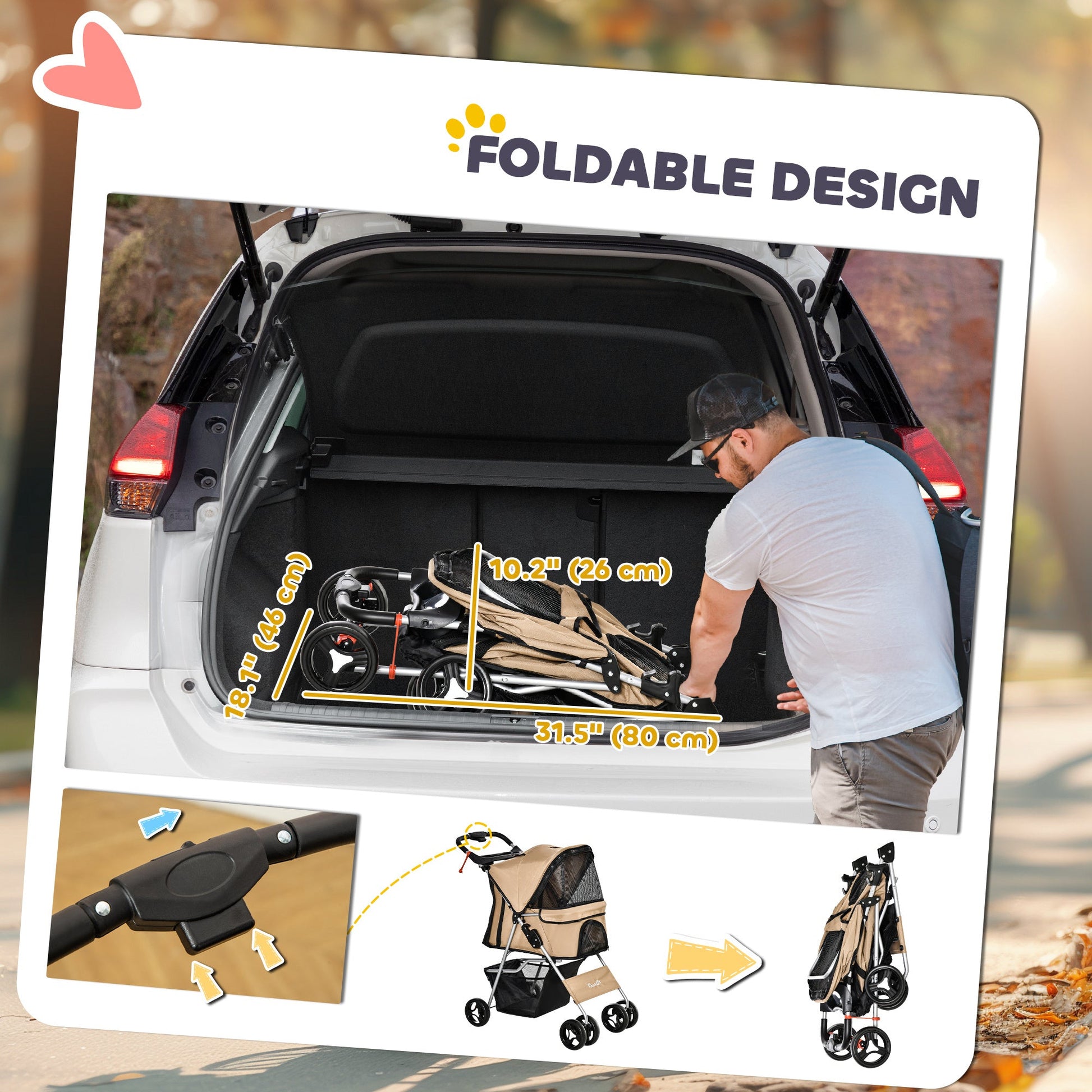 Dog Stroller, One-click Folding Pet Stroller with Cup Holder, 4 Wheels Travel Carrier w/ Brakes, 360° Swiveling Front Wheels, Storage Basket, for XS/Small Dogs Cats, Coffee