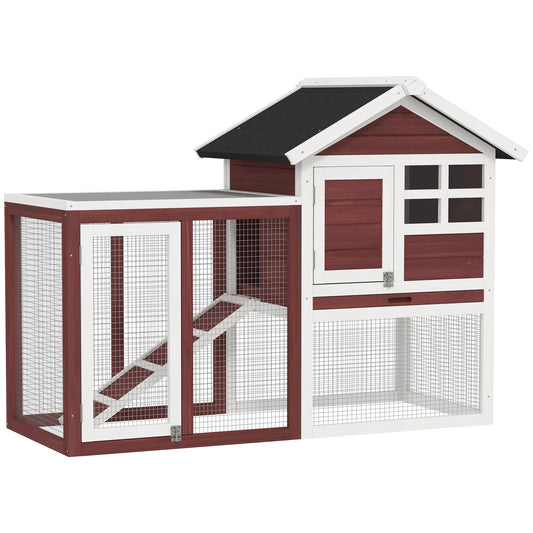 48" Weatherproof Wooden Rabbit Hutch With Slant Roof And Screened Outdoor Run, Brown