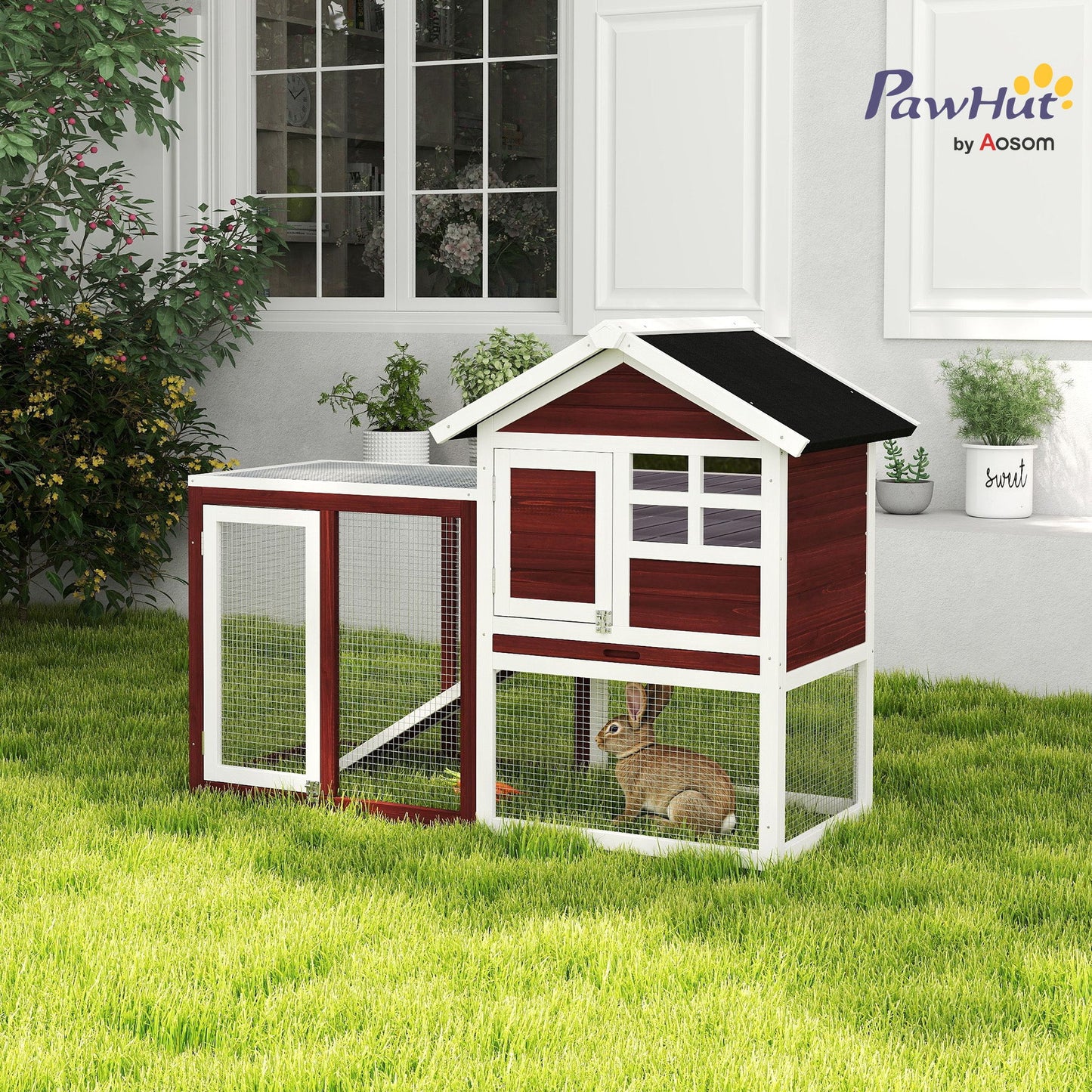 48" Weatherproof Wooden Rabbit Hutch With Slant Roof And Screened Outdoor Run, Brown