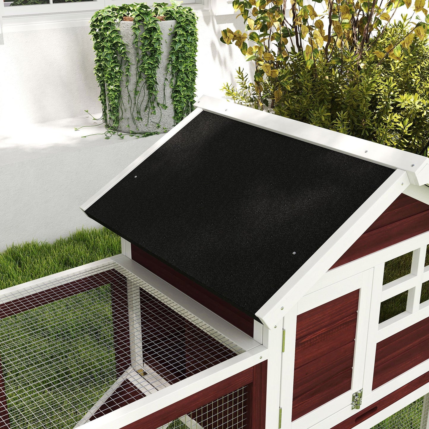 48" Weatherproof Wooden Rabbit Hutch With Slant Roof And Screened Outdoor Run, Brown