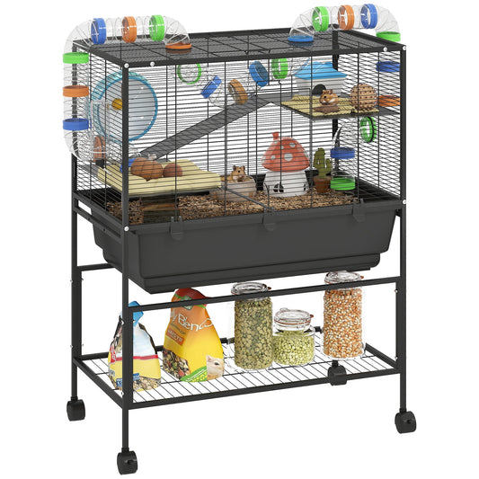 Large Hamster Cage with 7" Deep Tray, 3 Tier Rolling Gerbil Cage with Storage Shelf, Big Exercise Wheel, Tube System, Hut, Platforms, Ramps, for Syrian, Gerbil, Rat