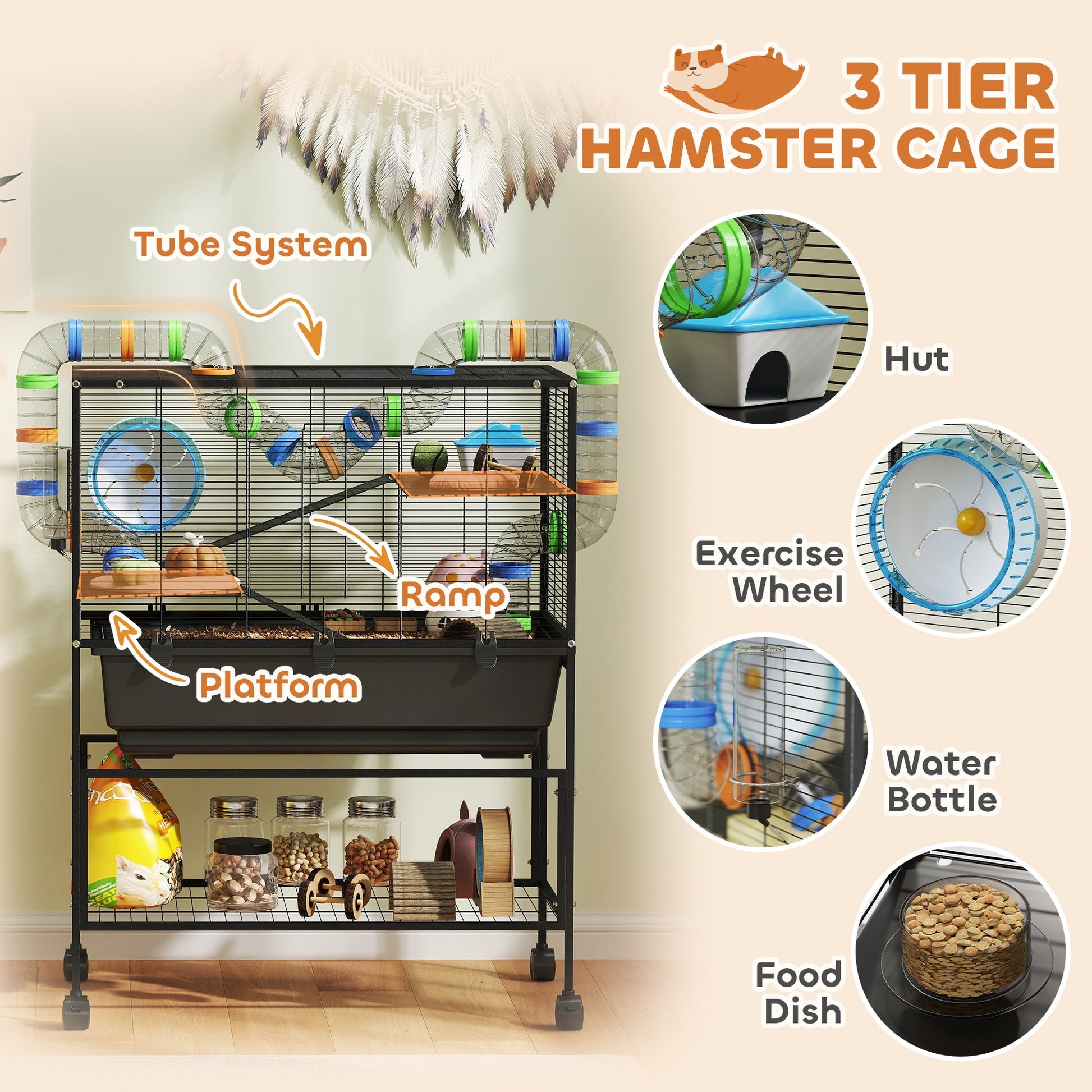 Large Hamster Cage with 7" Deep Tray, 3 Tier Rolling Gerbil Cage with Storage Shelf, Big Exercise Wheel, Tube System, Hut, Platforms, Ramps, for Syrian, Gerbil, Rat