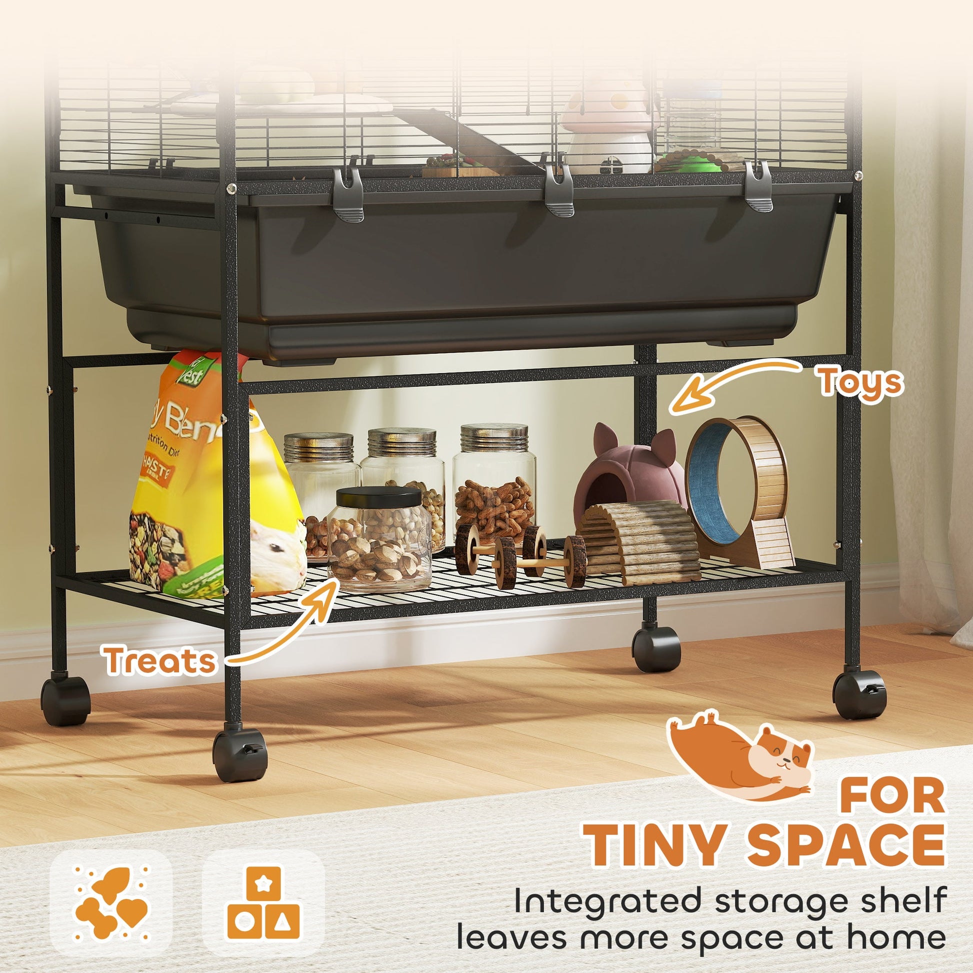 Large Hamster Cage with 7" Deep Tray, 3 Tier Rolling Gerbil Cage with Storage Shelf, Big Exercise Wheel, Tube System, Hut, Platforms, Ramps, for Syrian, Gerbil, Rat