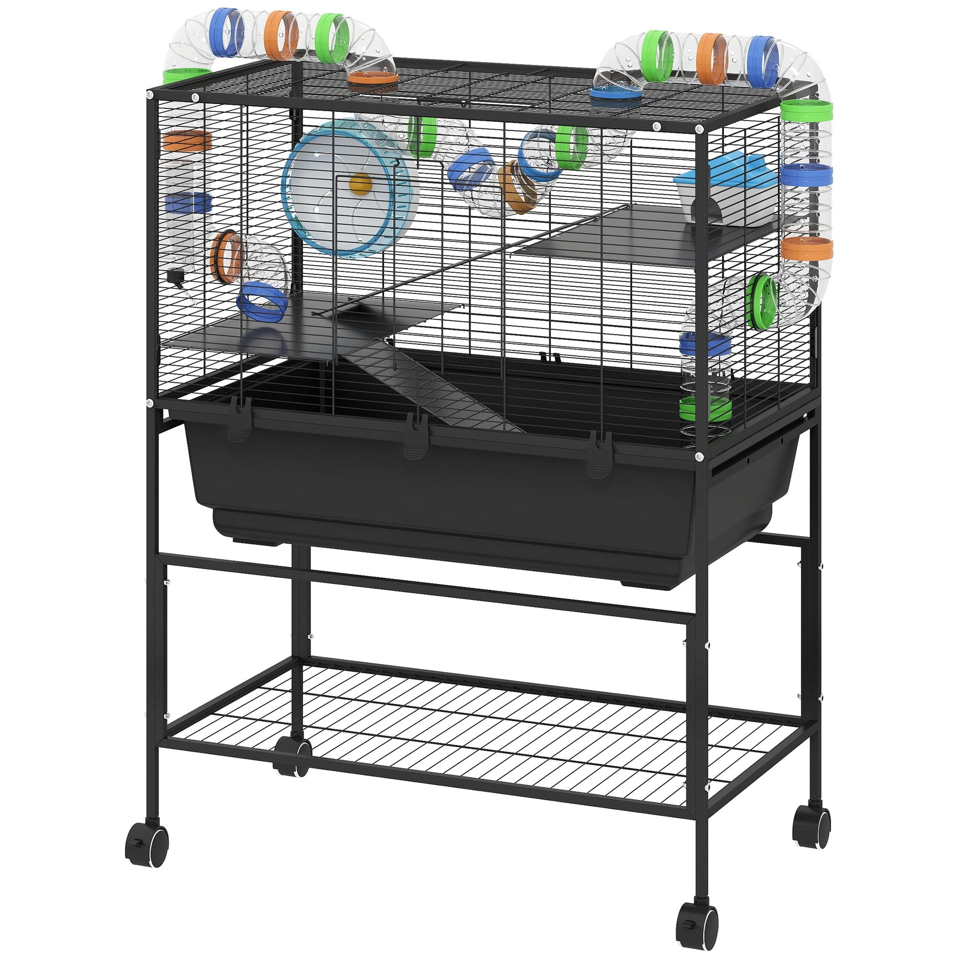 Large Hamster Cage with 7" Deep Tray, 3 Tier Rolling Gerbil Cage with Storage Shelf, Big Exercise Wheel, Tube System, Hut, Platforms, Ramps, for Syrian, Gerbil, Rat