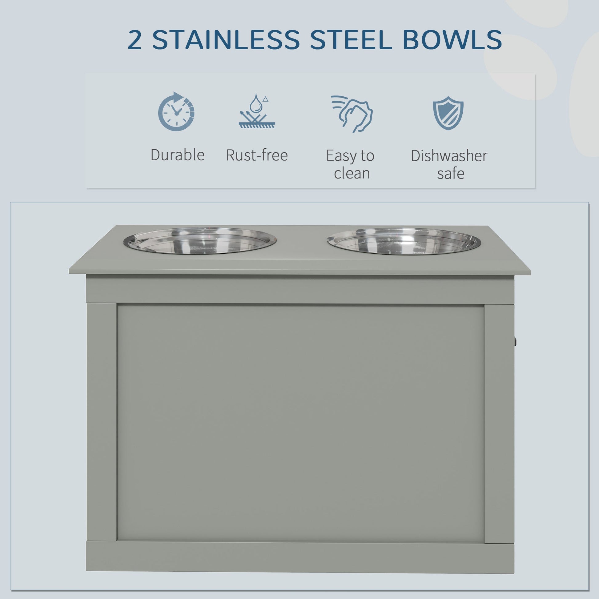 Elevated Dog Bowls for Large Dogs with Storage Dog Pet Diner Function 2 Stainless Steel Dog Bowls Elevated Base for Big-sized Dogs and Other Large Pets, Grey