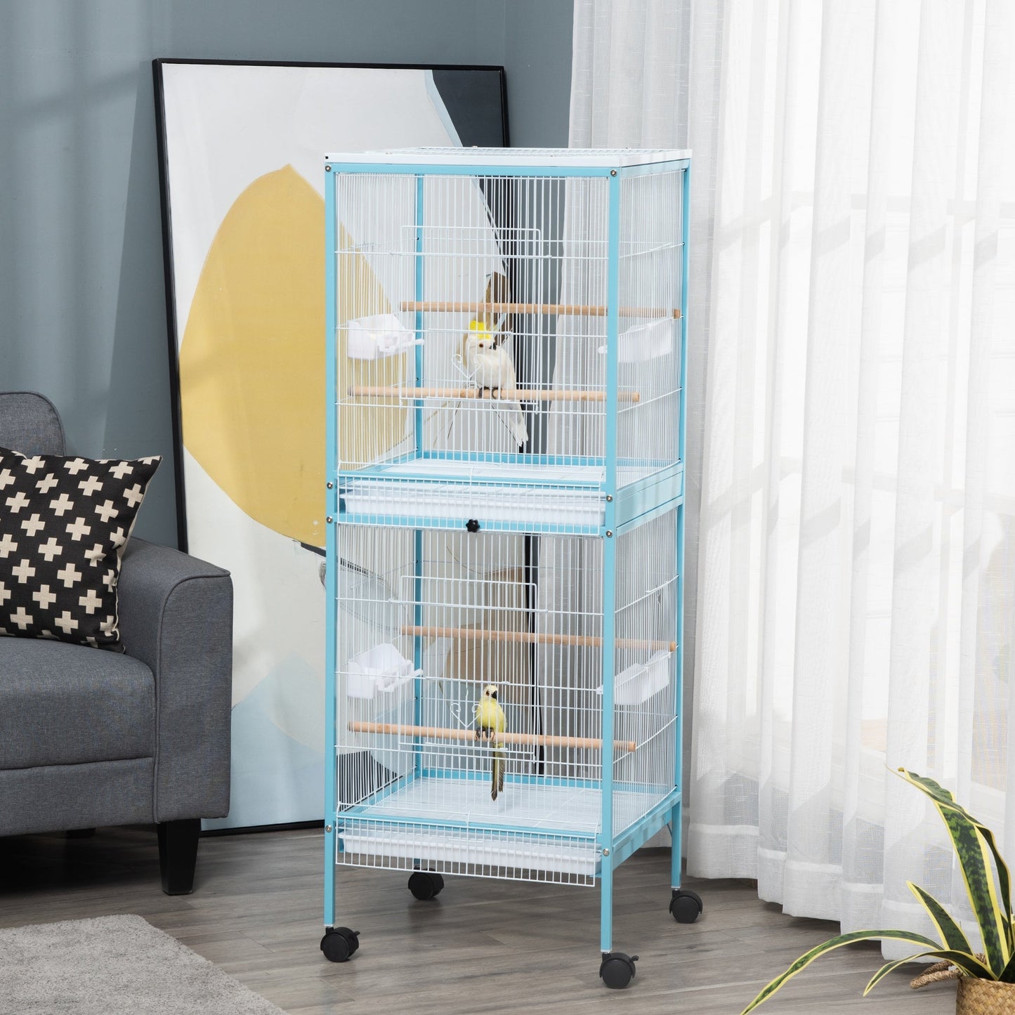 55.1" 2 In 1 Bird Cage Aviary Parakeet House for finches, budgies with Wheels, Slide-out Trays, Wood Perch, Food Containers, Light Blue