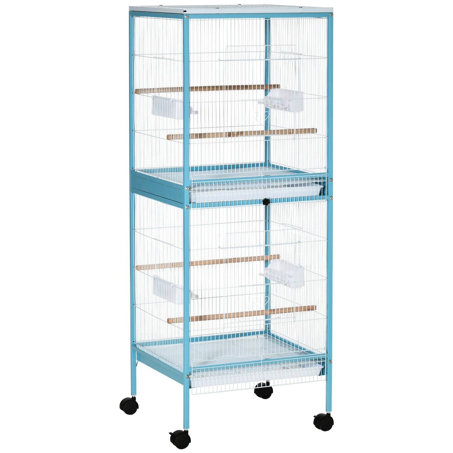 55.1" 2 In 1 Bird Cage Aviary Parakeet House for finches, budgies with Wheels, Slide-out Trays, Wood Perch, Food Containers, Light Blue