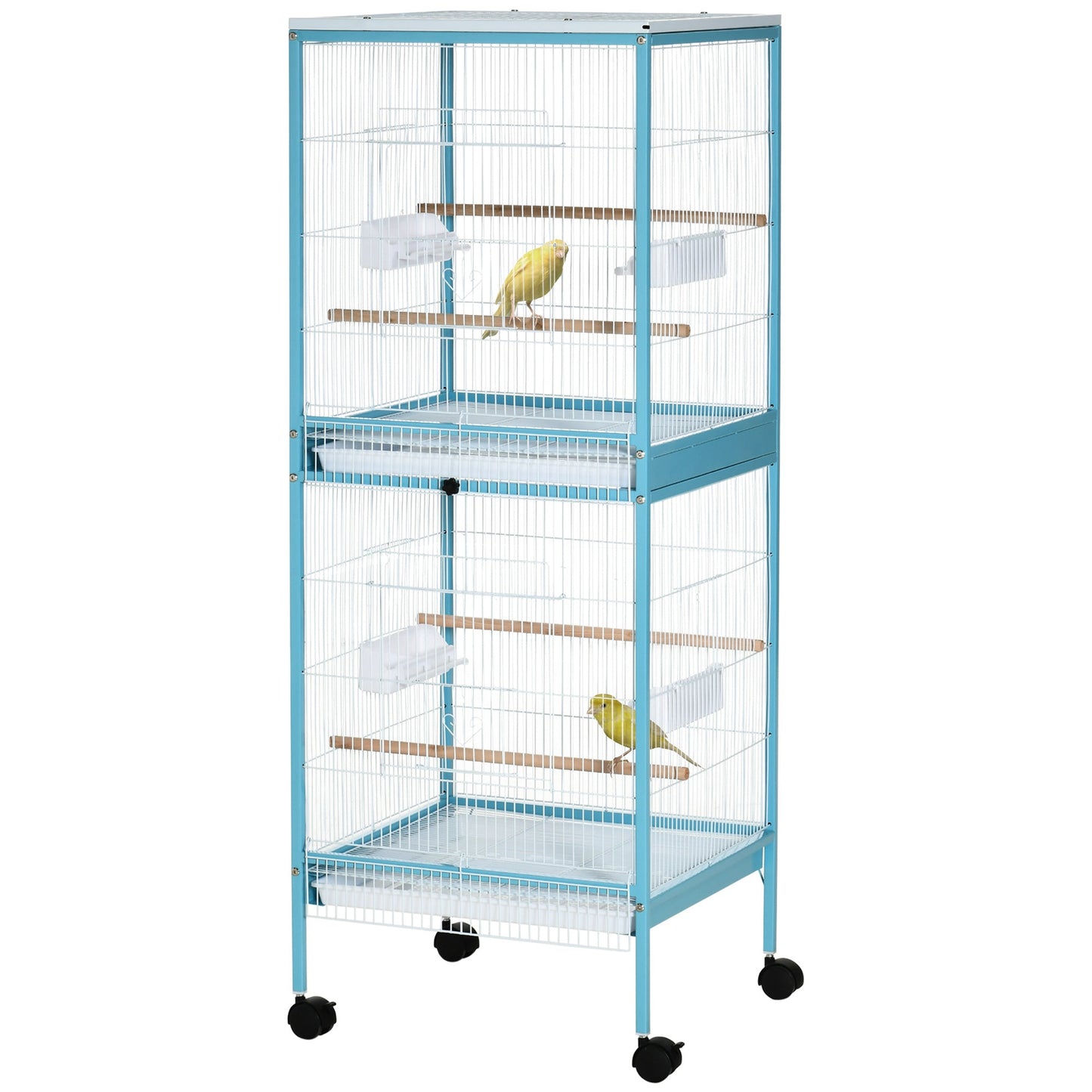 55.1" 2 In 1 Bird Cage Aviary Parakeet House for finches, budgies with Wheels, Slide-out Trays, Wood Perch, Food Containers, Light Blue