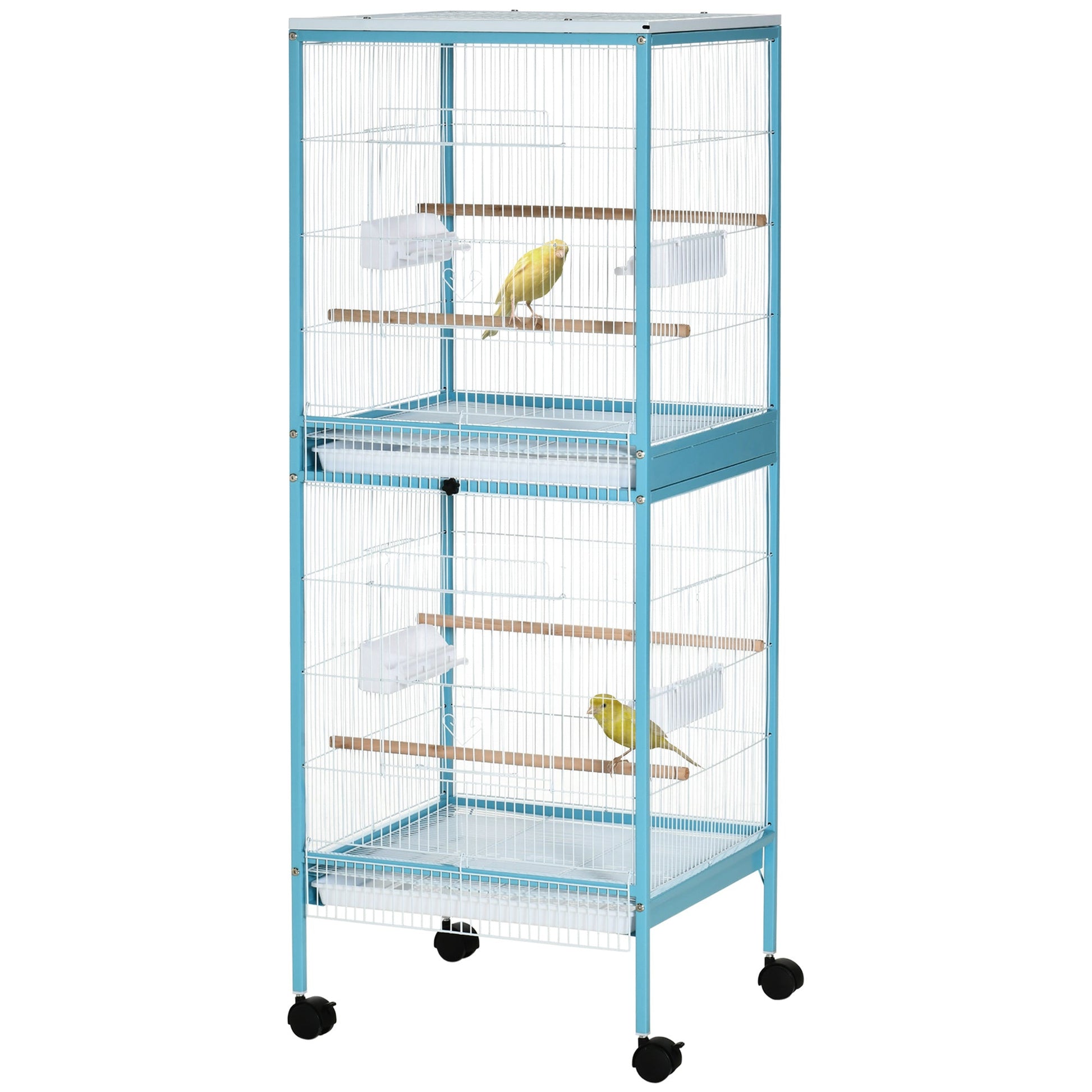 55.1" 2 In 1 Bird Cage Aviary Parakeet House for finches, budgies with Wheels, Slide-out Trays, Wood Perch, Food Containers, Light Blue