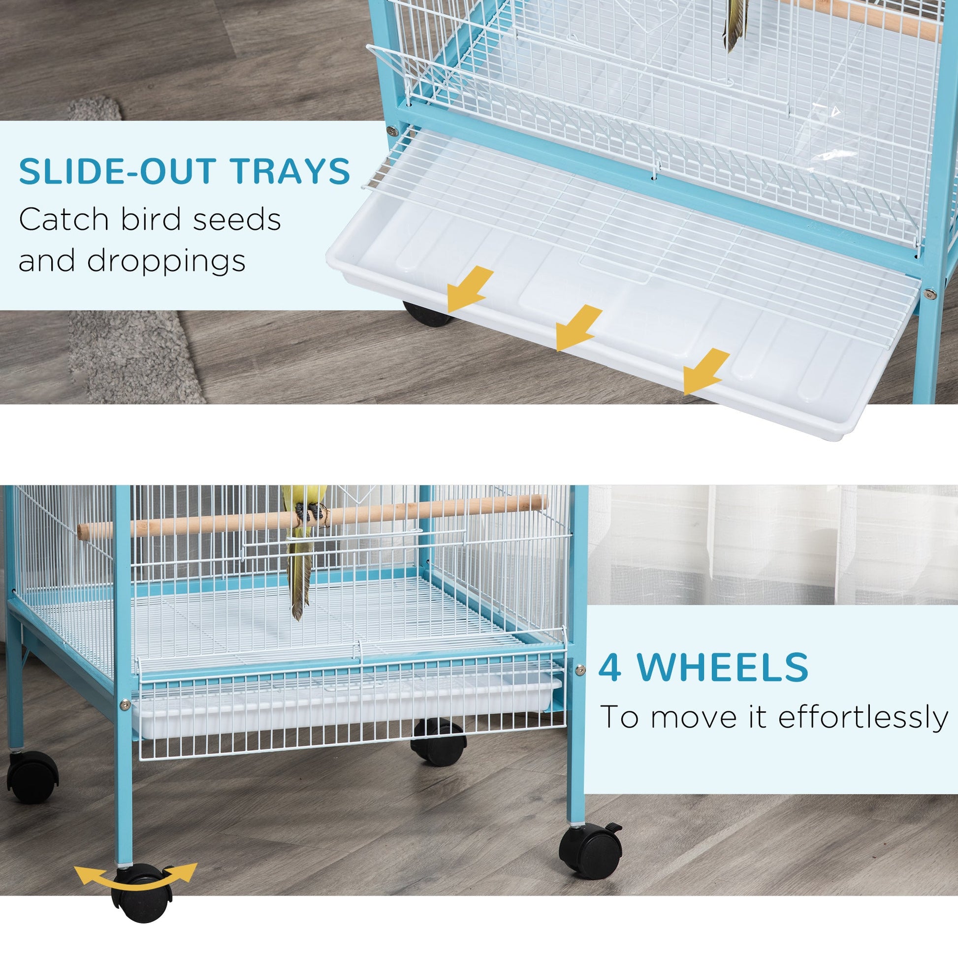 55.1" 2 In 1 Bird Cage Aviary Parakeet House for finches, budgies with Wheels, Slide-out Trays, Wood Perch, Food Containers, Light Blue
