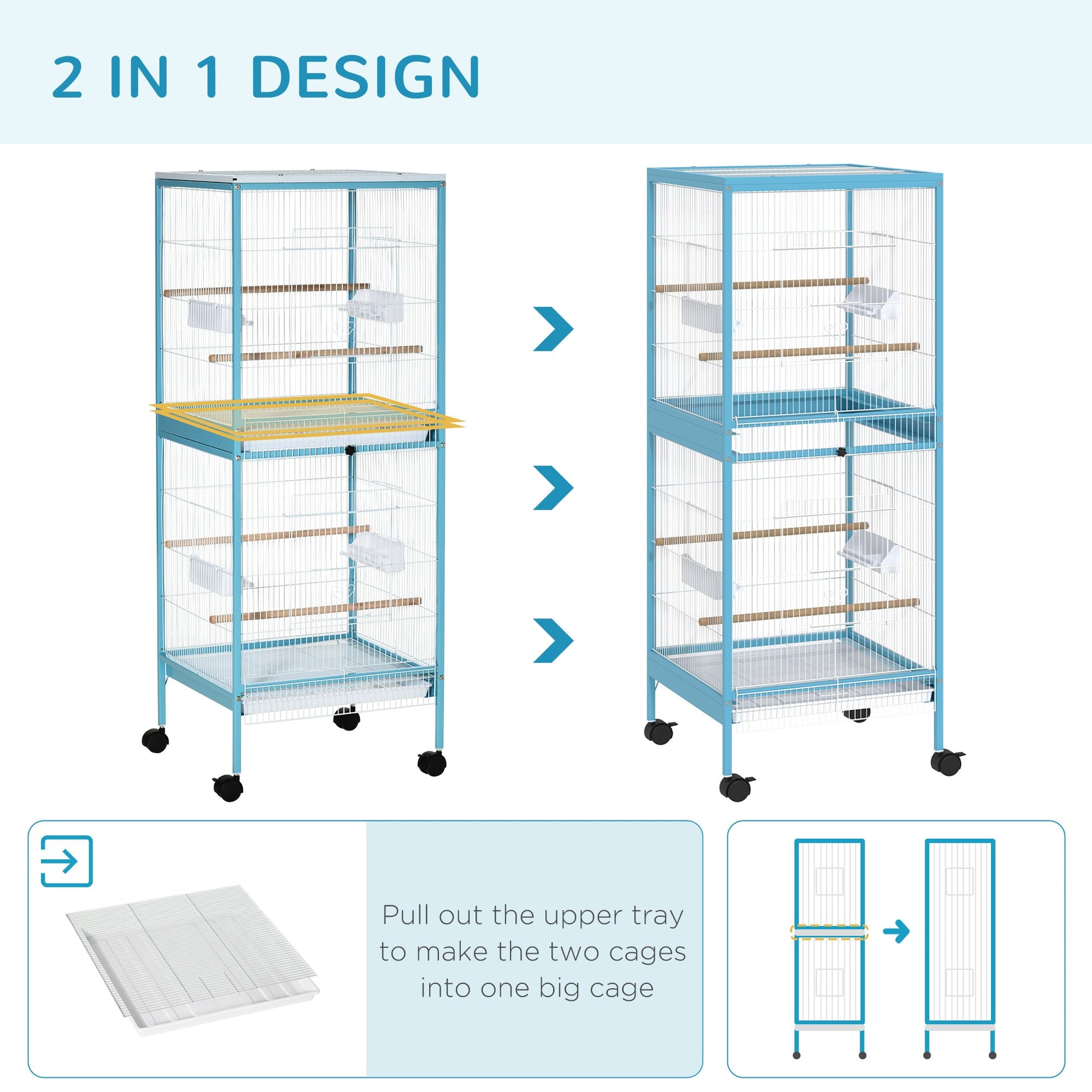 55.1" 2 In 1 Bird Cage Aviary Parakeet House for finches, budgies with Wheels, Slide-out Trays, Wood Perch, Food Containers, Light Blue