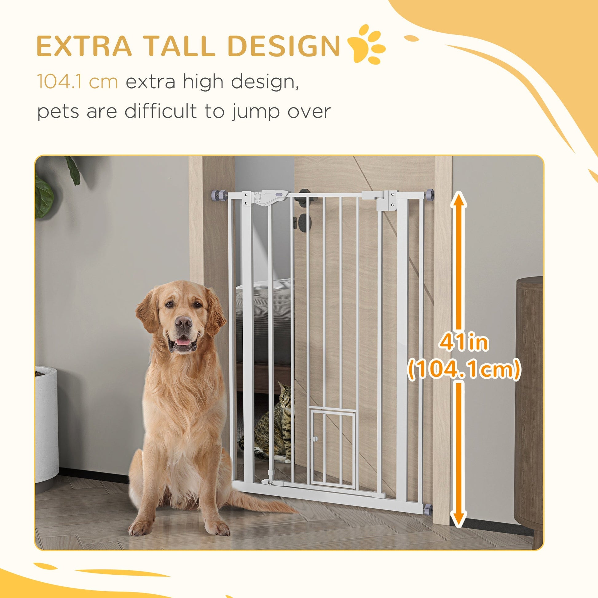 41"H Dog Gate with Cat Door, Pet Gate with Small Door, Easy Open Indoor Dog Gates for Doorways, House, Stair, 29"-31.5" Long, White