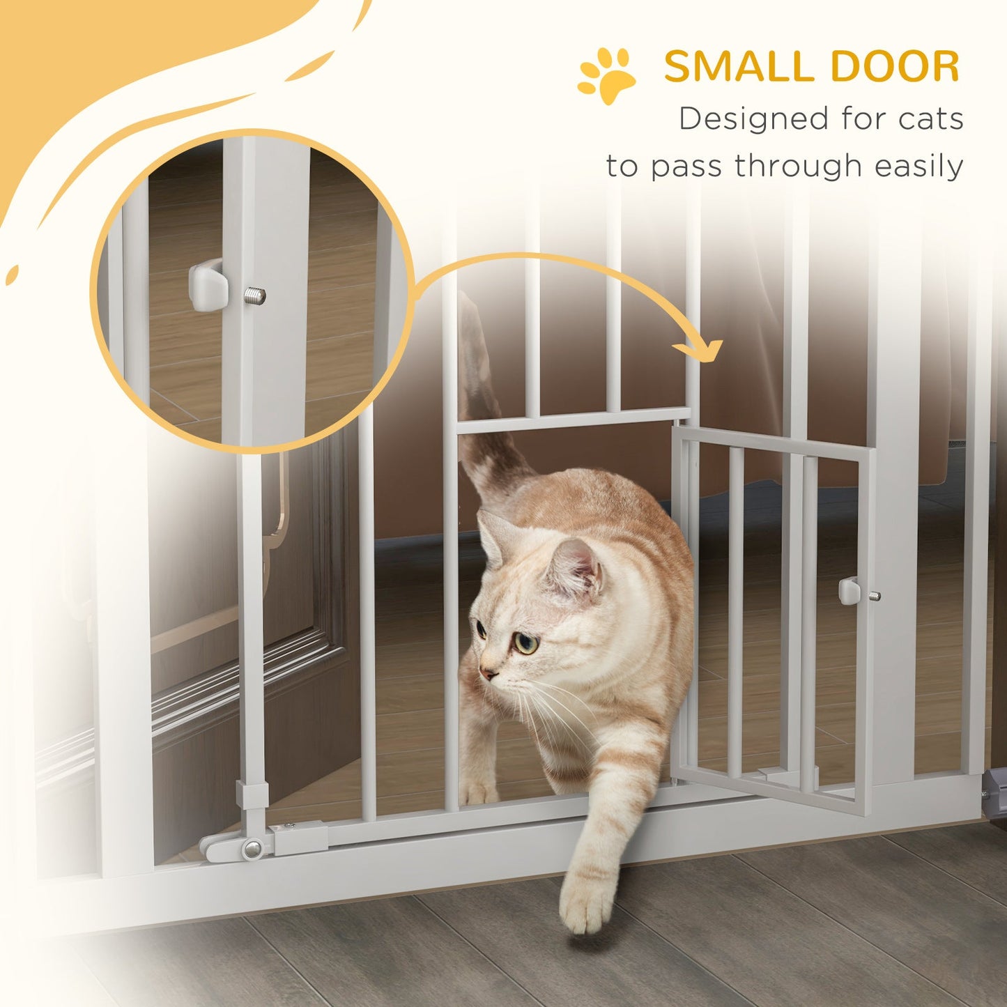 41"H Dog Gate with Cat Door, Pet Gate with Small Door, Easy Open Indoor Dog Gates for Doorways, House, Stair, 29"-31.5" Long, White