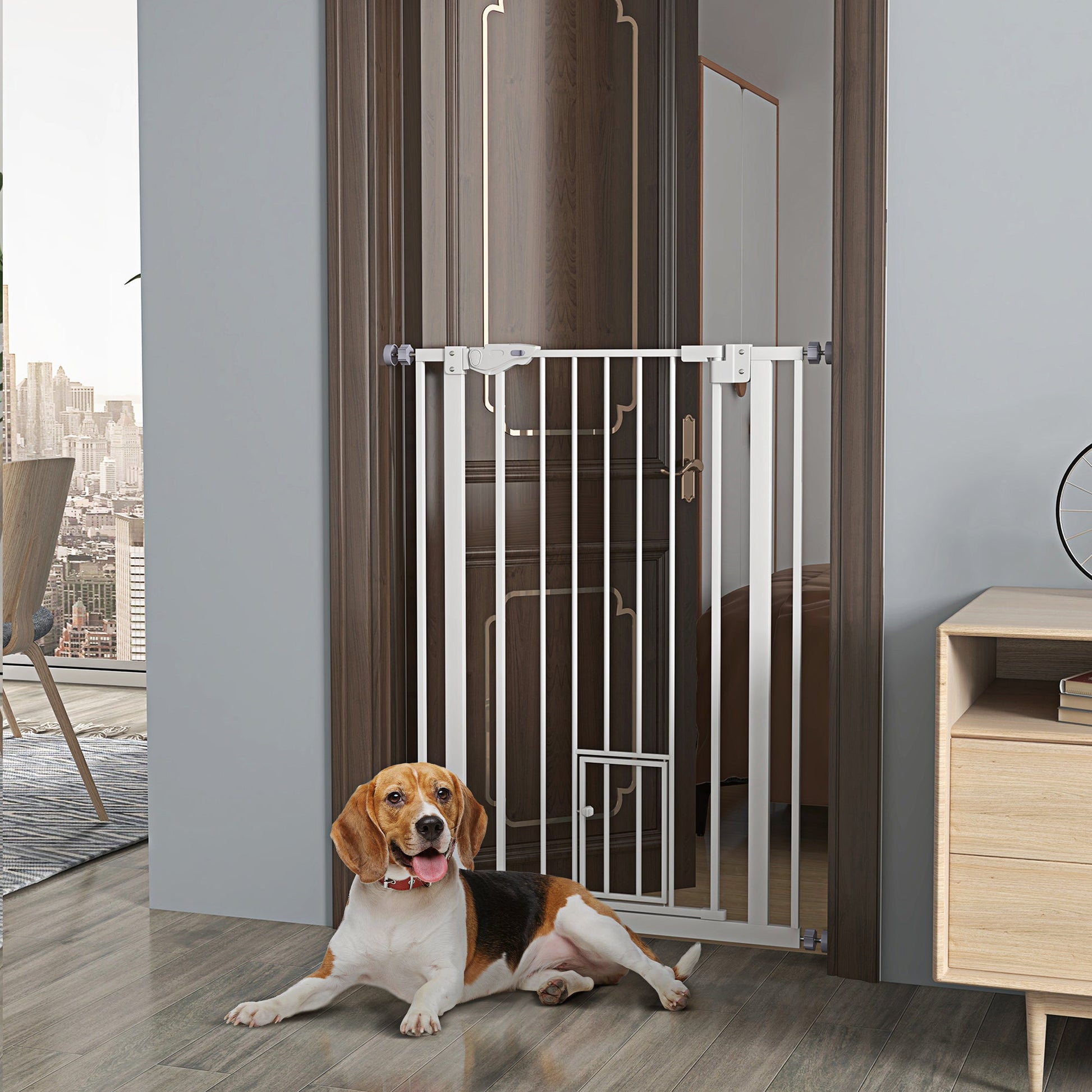 41"H Dog Gate with Cat Door, Pet Gate with Small Door, Easy Open Indoor Dog Gates for Doorways, House, Stair, 29"-31.5" Long, White
