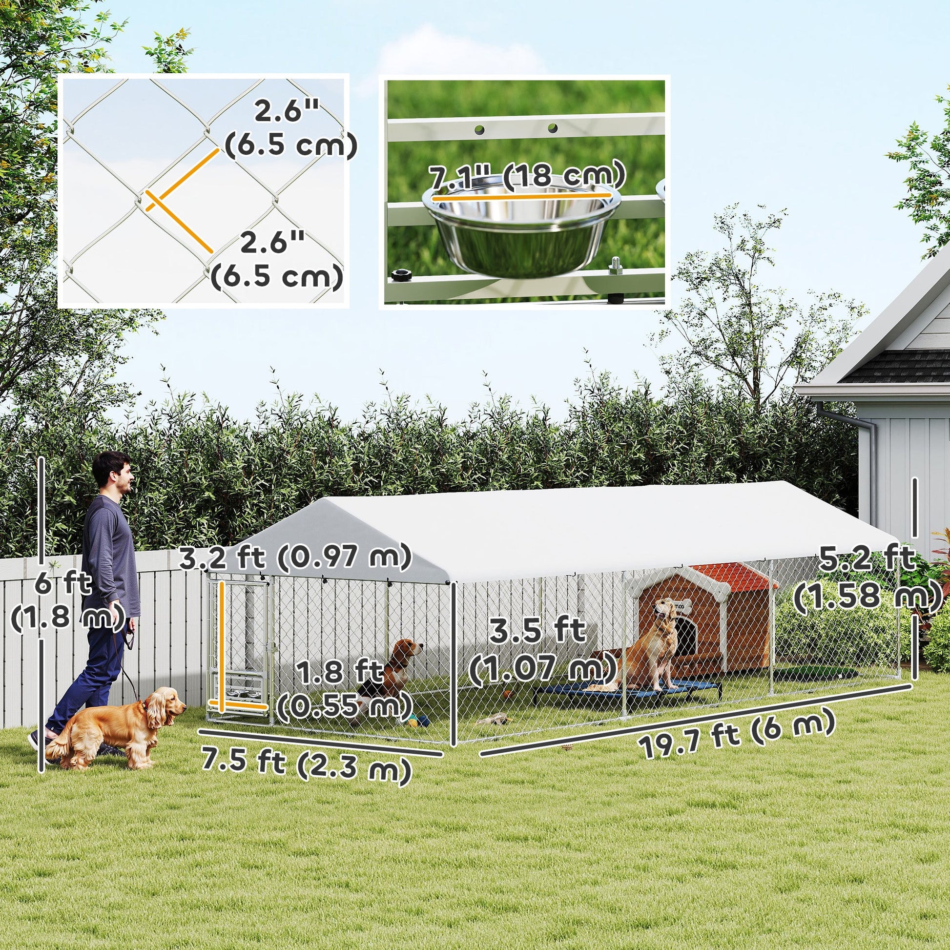 Outdoor Dog Kennel with Roof, Heavy Duty Dog Run Outdoor Fence Cage with Adjustable & Rotating Bowls, Waterproof UV-Resistant Cover, Secure Lock, 19.7' x 7.5' x 5.2'