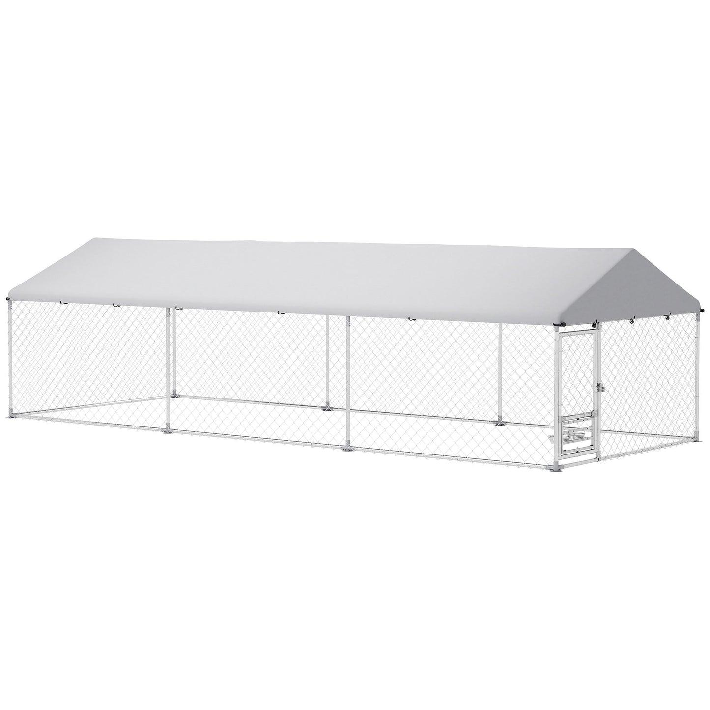 Outdoor Dog Kennel with Roof, Heavy Duty Dog Run Outdoor Fence Cage with Adjustable & Rotating Bowls, Waterproof UV-Resistant Cover, Secure Lock, 19.7' x 7.5' x 5.2'