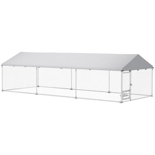 Outdoor Dog Kennel with Roof, Heavy Duty Dog Run Outdoor Fence Cage with Adjustable & Rotating Bowls, Waterproof UV-Resistant Cover, Secure Lock, 19.7' x 7.5' x 5.2'
