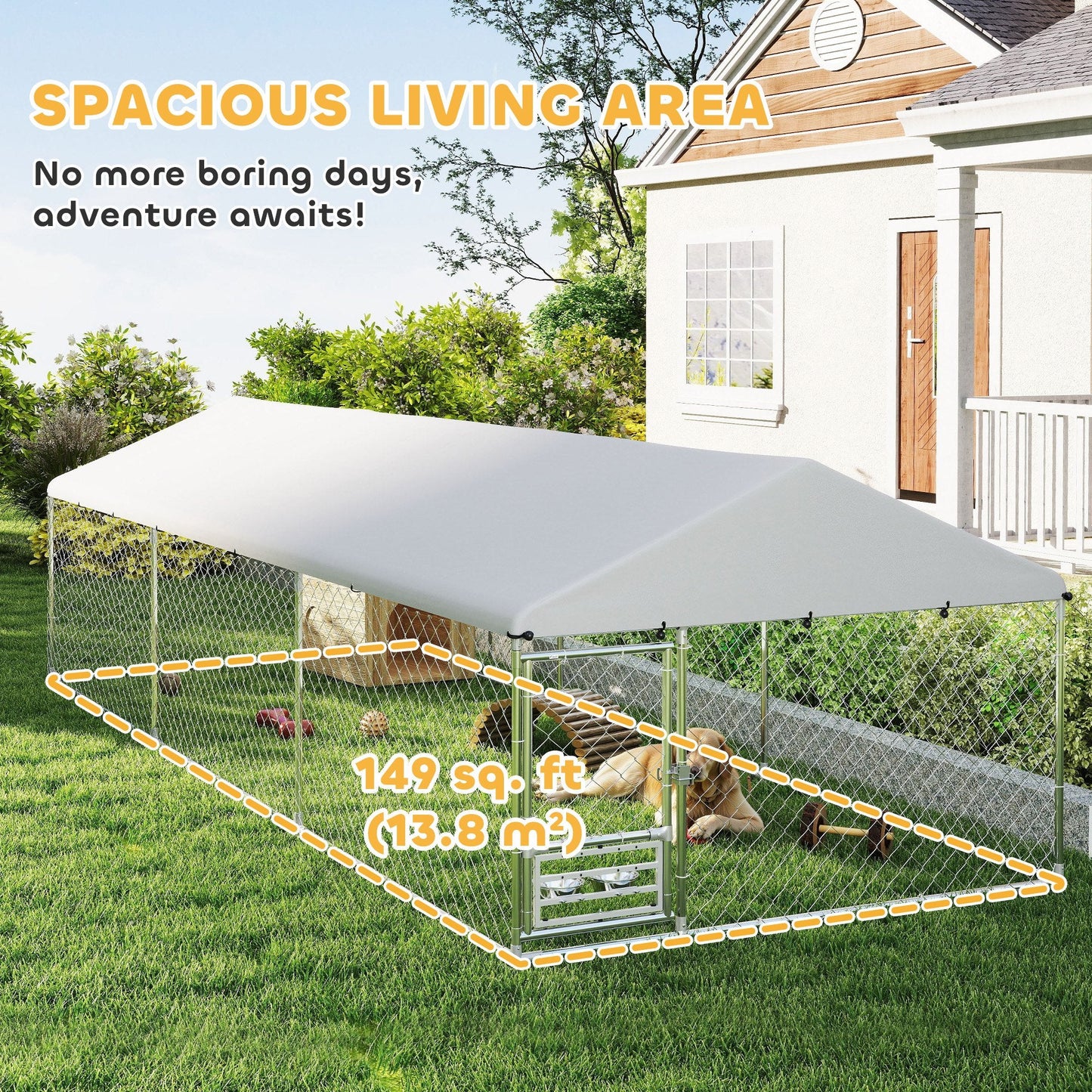 Outdoor Dog Kennel with Roof, Heavy Duty Dog Run Outdoor Fence Cage with Adjustable & Rotating Bowls, Waterproof UV-Resistant Cover, Secure Lock, 19.7' x 7.5' x 5.2'