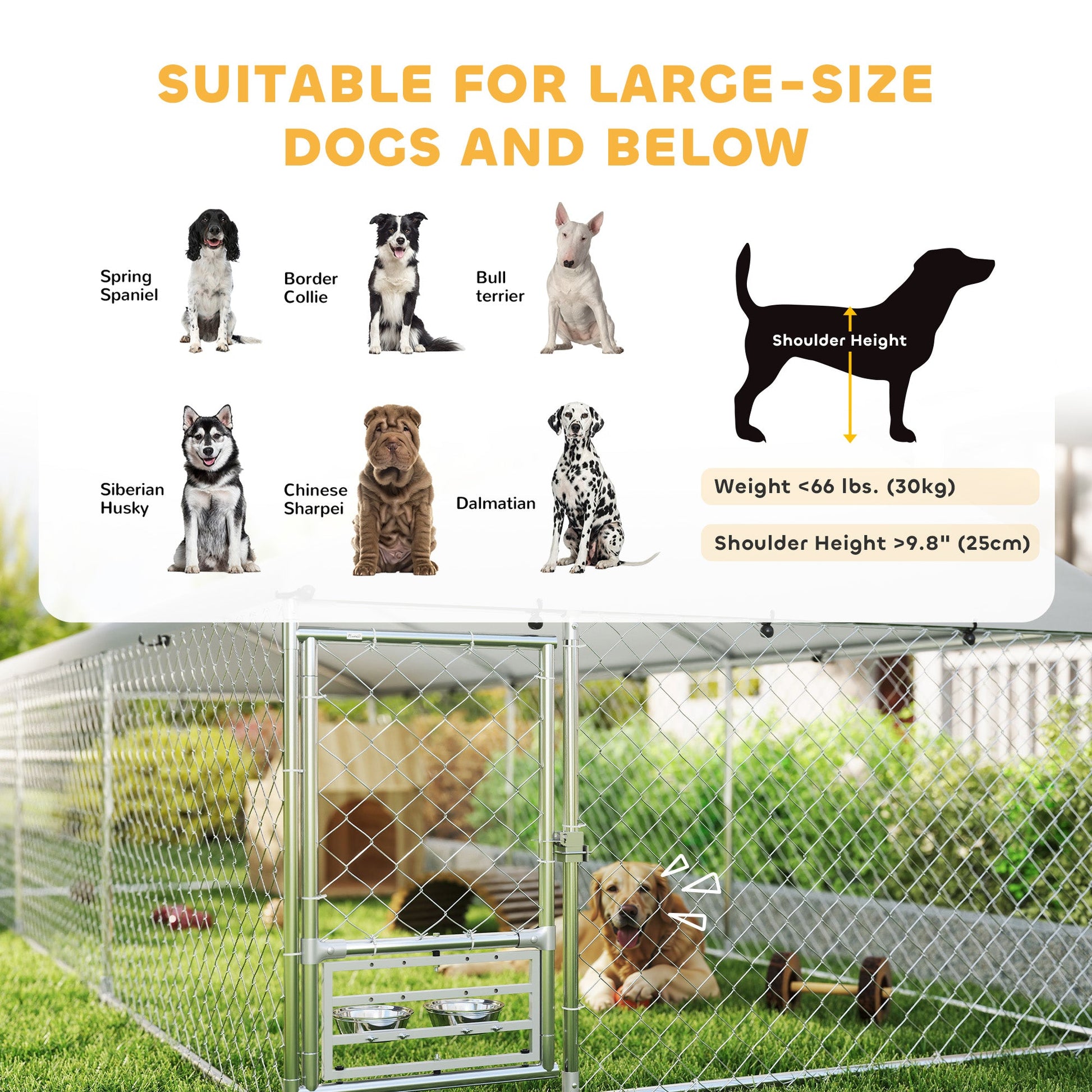 Outdoor Dog Kennel with Roof, Heavy Duty Dog Run Outdoor Fence Cage with Adjustable & Rotating Bowls, Waterproof UV-Resistant Cover, Secure Lock, 19.7' x 7.5' x 5.2'