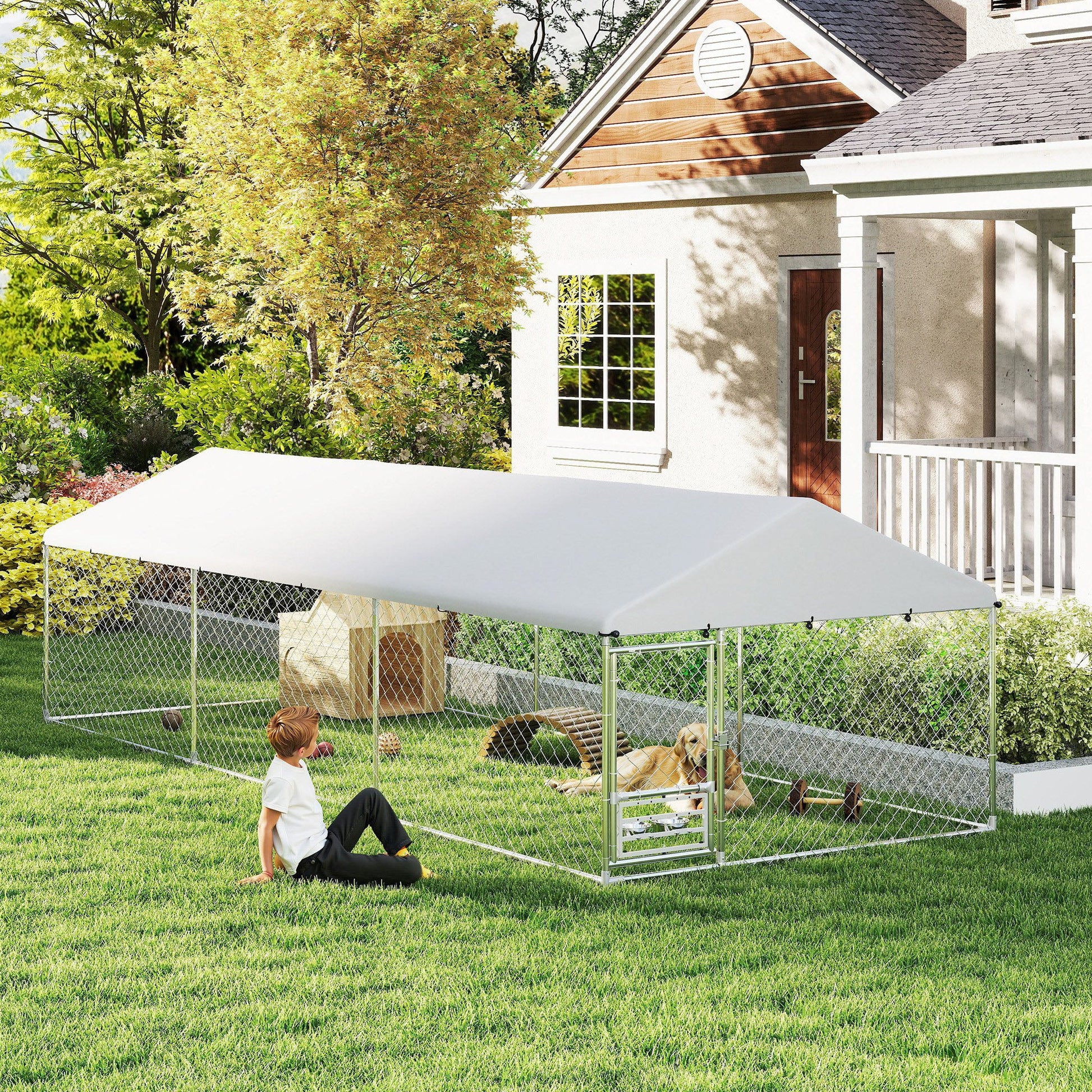 Outdoor Dog Kennel with Roof, Heavy Duty Dog Run Outdoor Fence Cage with Adjustable & Rotating Bowls, Waterproof UV-Resistant Cover, Secure Lock, 19.7' x 7.5' x 5.2'