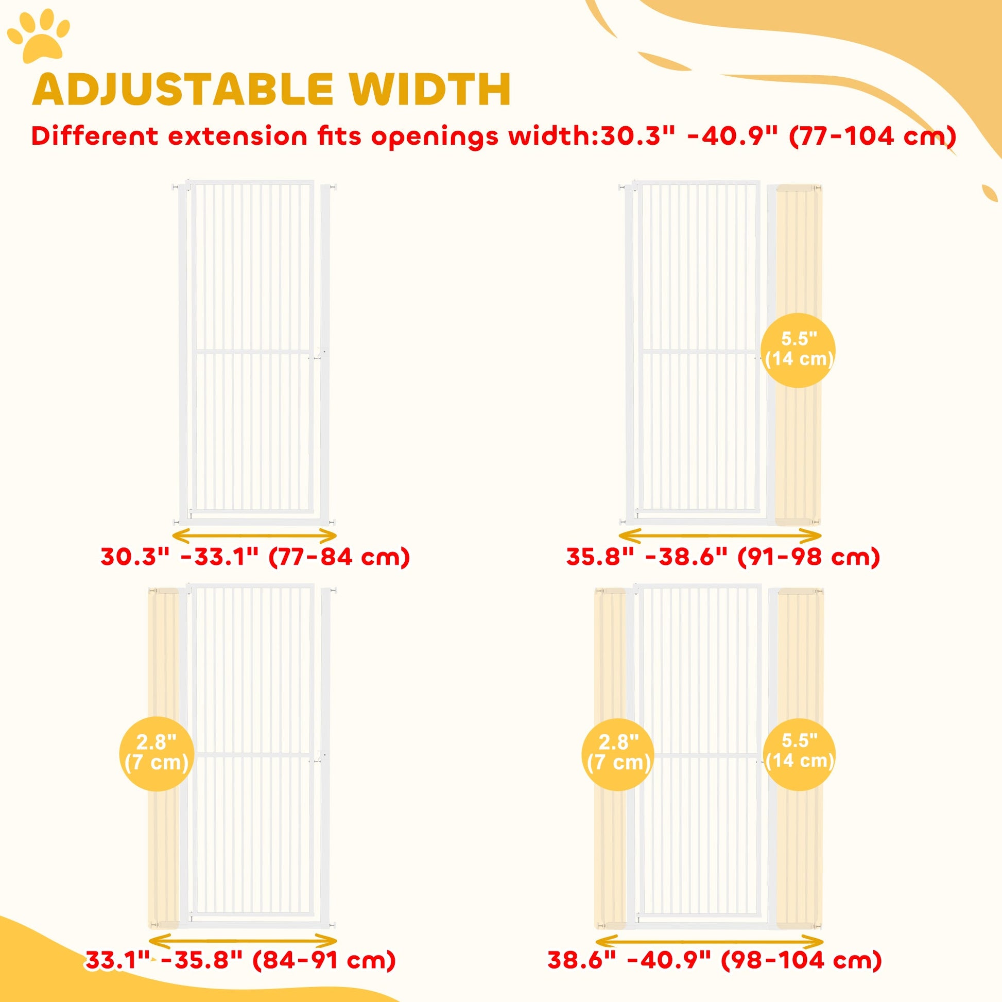 59"H Extra Tall Cat Gate, 30"-41"W Steel Pet Gate for Doorway, Hallway, Pressure Mounted Kit No Drilling Dog Gate with 1.4" Extra Narrow Gap, 2.8" & 5.5" Extensions, White