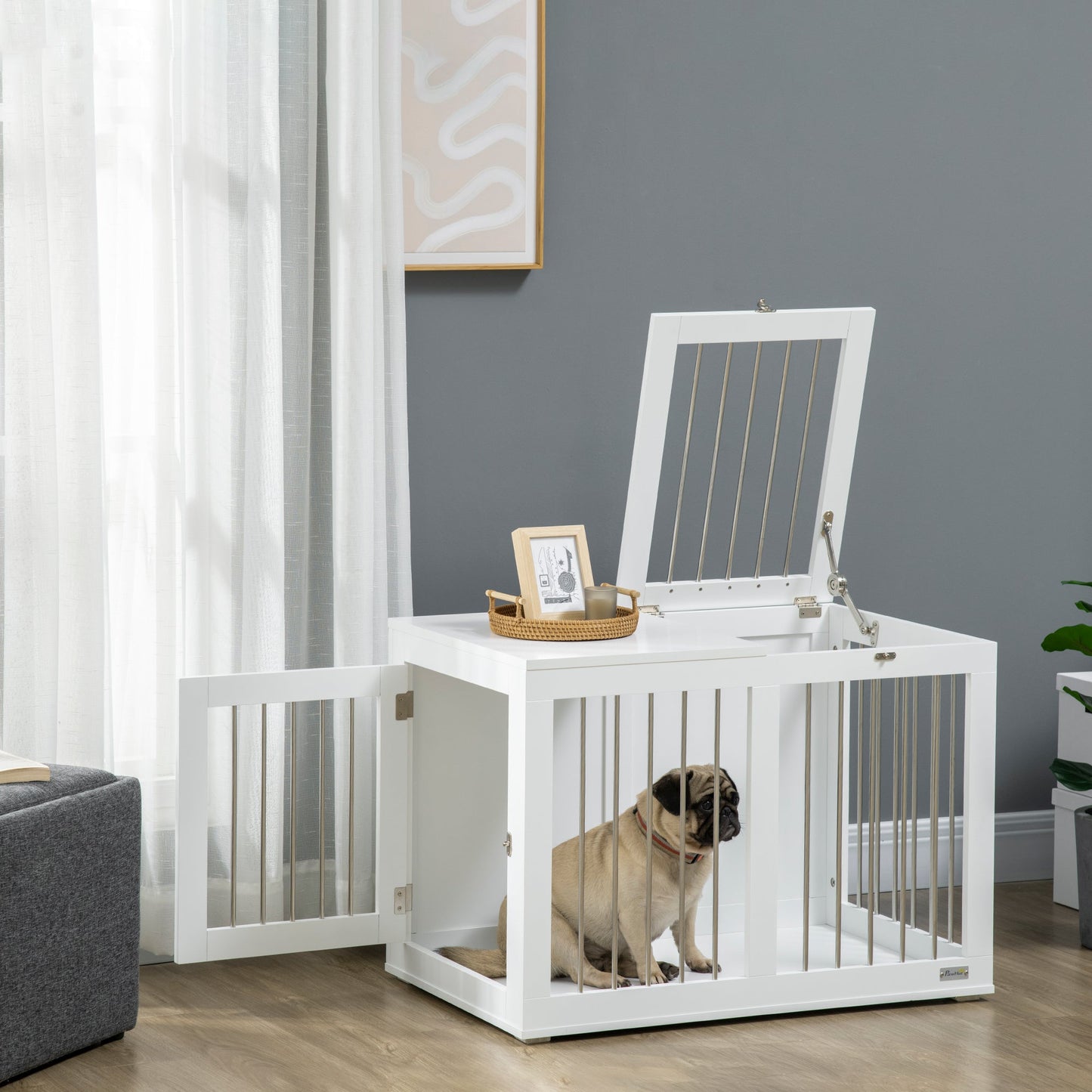 Dog Crate Furniture, 31.5" Dog Kennel Furniture Side End Table with Double Doors, for Medium Dogs, White