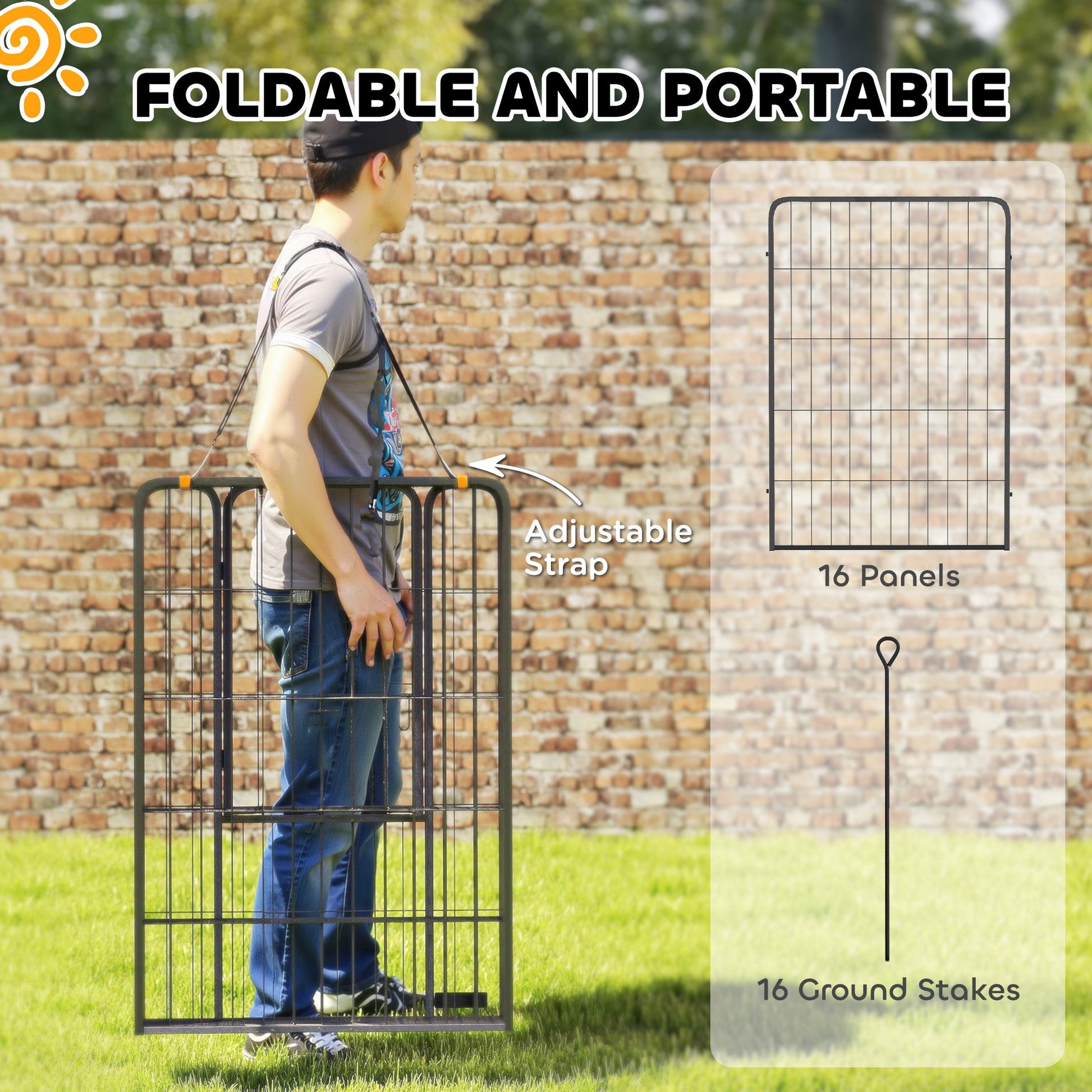 16 Panels Dog Playpen, 27"W x 39.5"H Heavy Duty Pet Fence with Door & Strap for Indoor Outdoor Backyard Garden, Portable & Foldable Puppy Pet Pen for Large Dogs