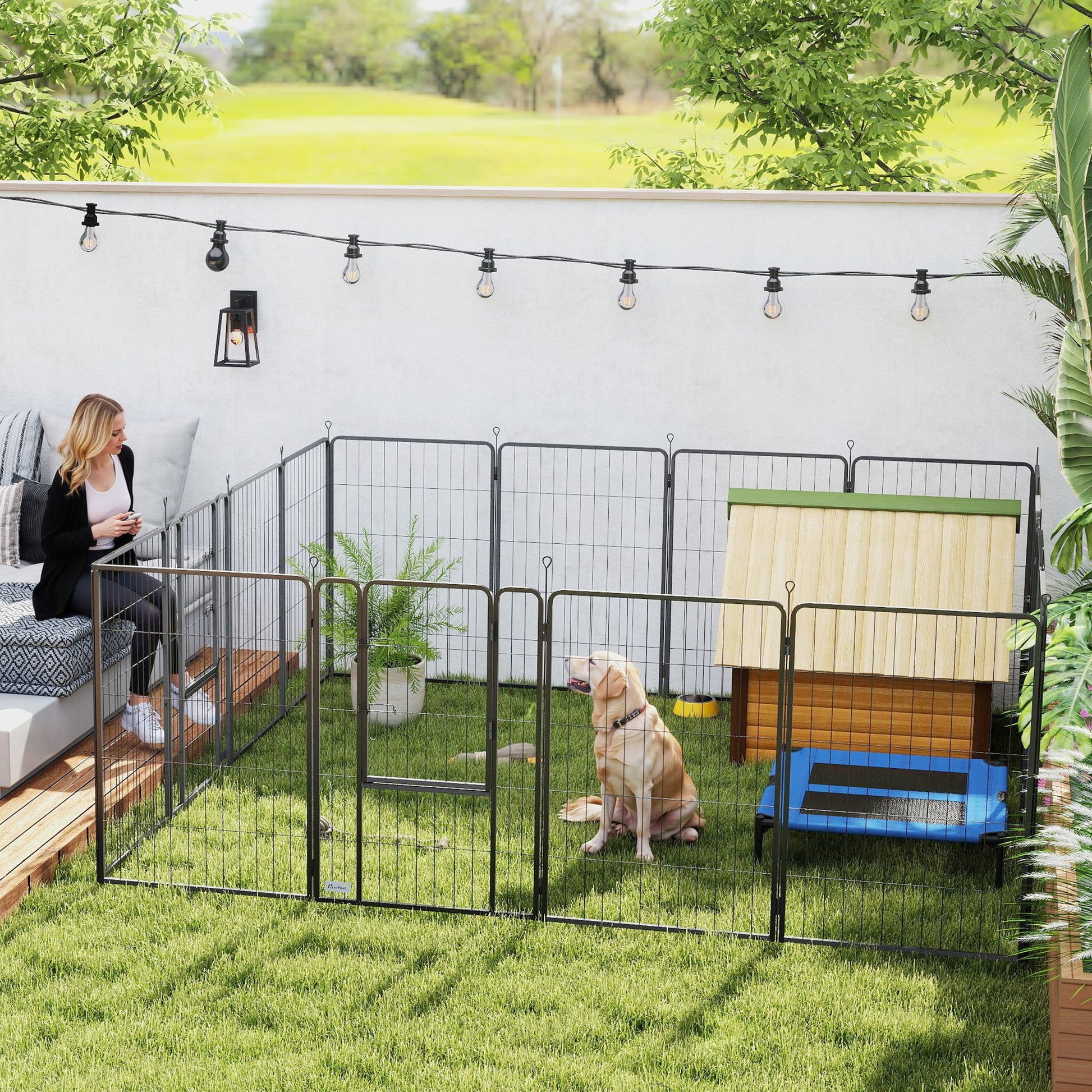 16 Panels Dog Playpen, 27"W x 39.5"H Heavy Duty Pet Fence with Door & Strap for Indoor Outdoor Backyard Garden, Portable & Foldable Puppy Pet Pen for Large Dogs