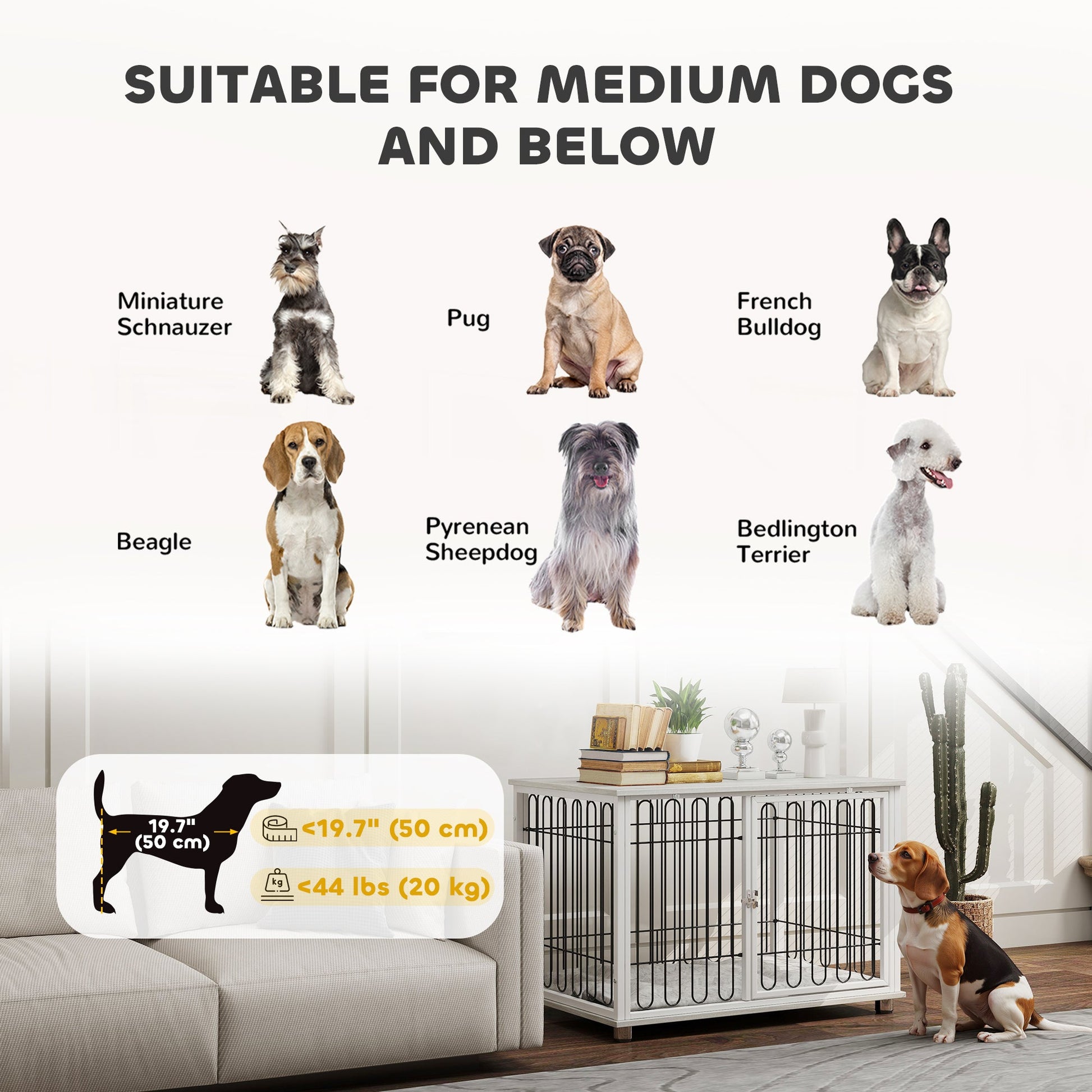 35in Dog Crate Furniture with Washable Cushion, Indoor Dog Kennel End Table with Adjustable Feet for Medium Dogs, Grey