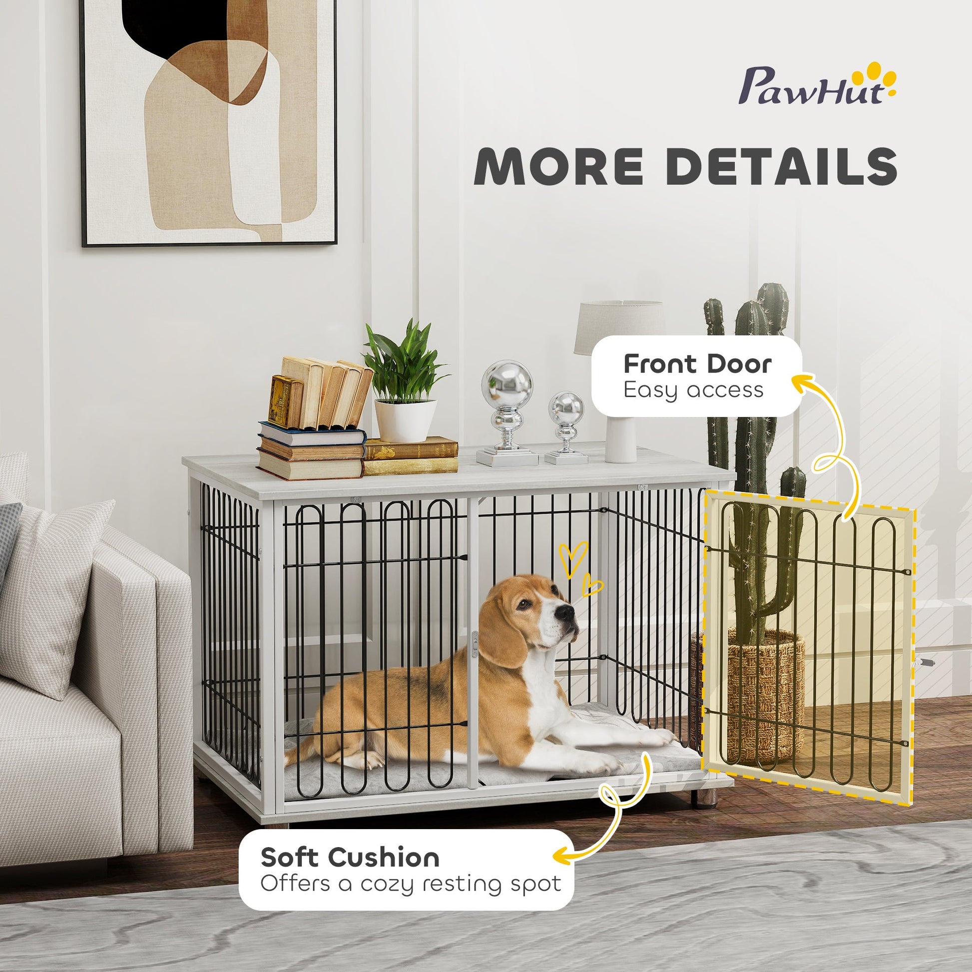 35in Dog Crate Furniture with Washable Cushion, Indoor Dog Kennel End Table with Adjustable Feet for Medium Dogs, Grey