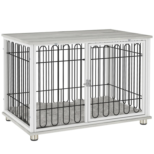 35in Dog Crate Furniture with Washable Cushion, Indoor Dog Kennel End Table with Adjustable Feet for Medium Dogs, Grey