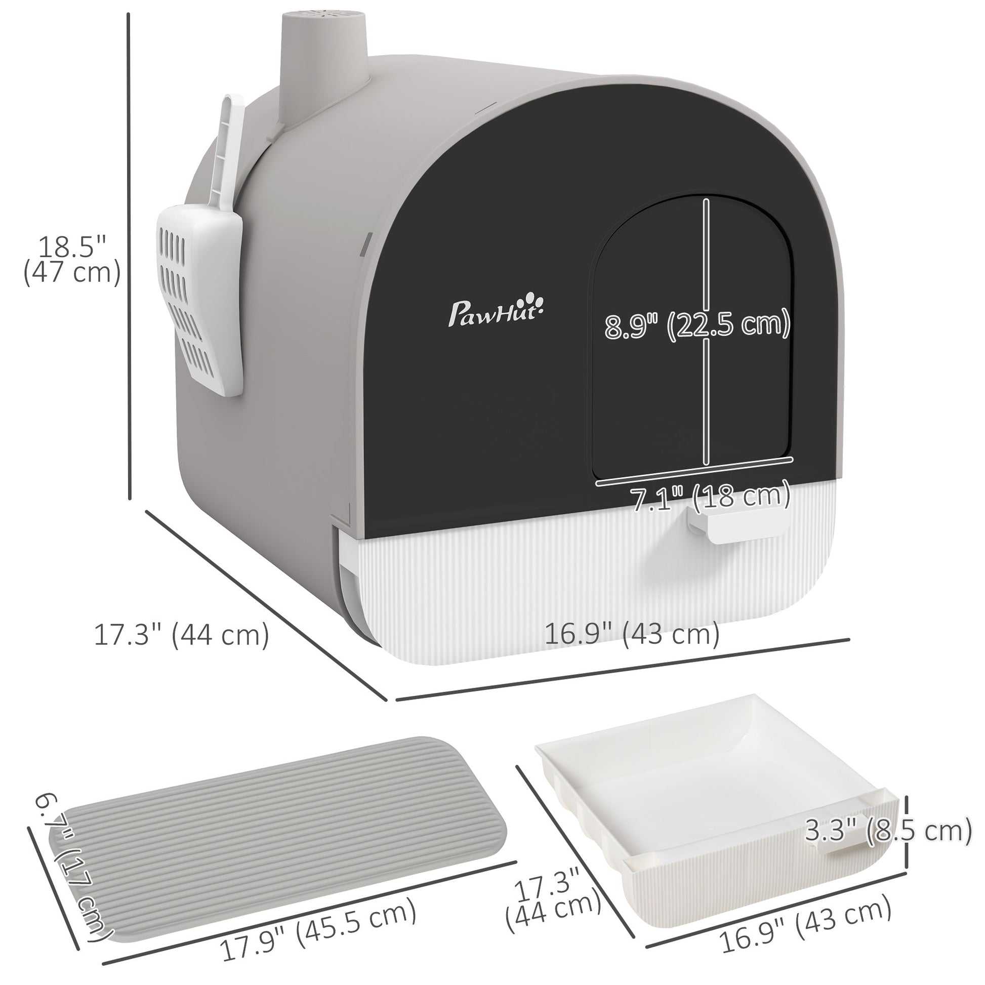 Large Cat Litter Box with Lid, Enclosed Kitty Litter Box with Slide-out Tray, Scoop, Filter, Light Grey