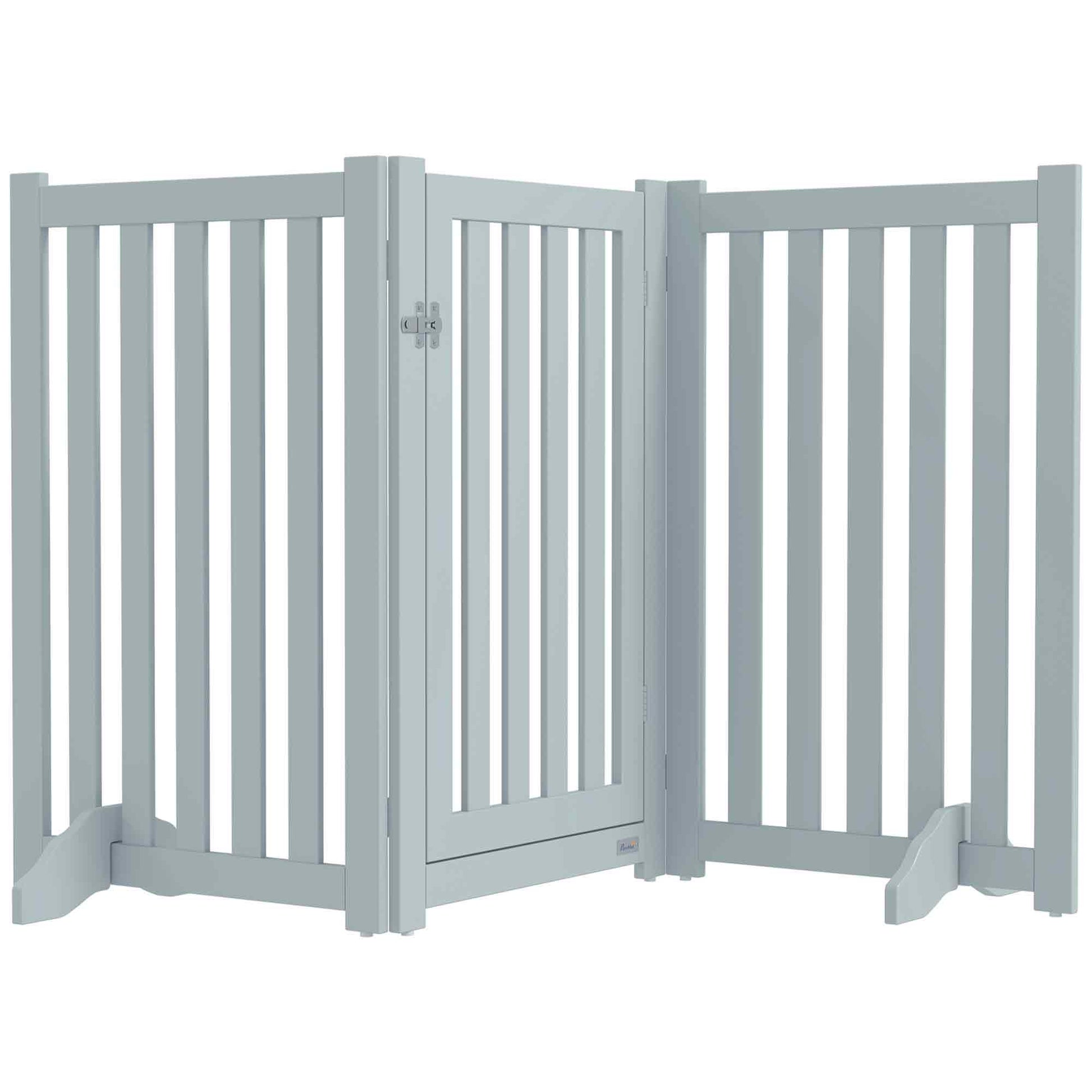 31.5"H Foldable Dog Gate with Door, 3 Panels Freestanding Pet Gate Barriers Indoor with Support Feet, Puppy Fence for Small Medium Dogs, Grey