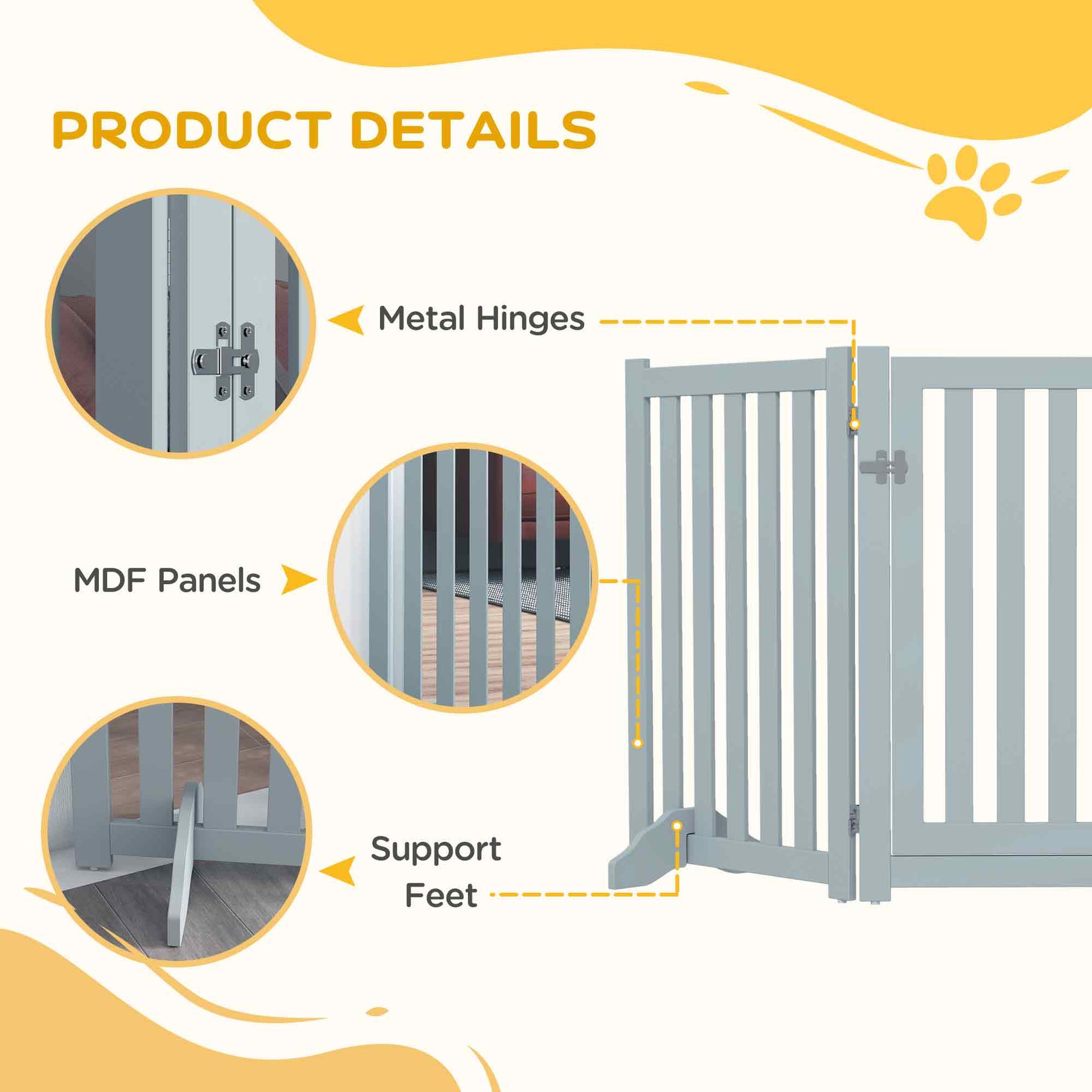31.5"H Foldable Dog Gate with Door, 3 Panels Freestanding Pet Gate Barriers Indoor with Support Feet, Puppy Fence for Small Medium Dogs, Grey